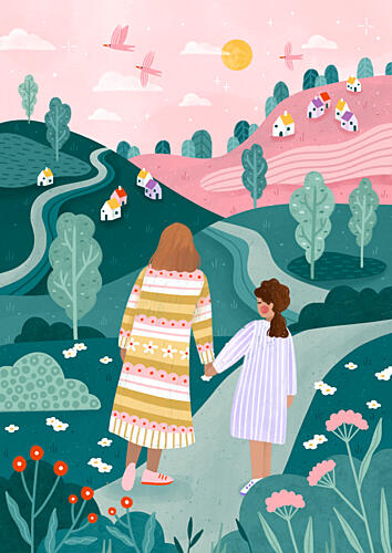 Dreamy Mother Daughter Walk Art Print by Lor Muller