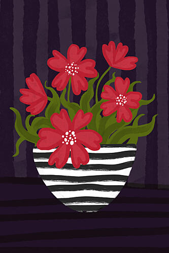 Red Flowers Striped Vase Art Print by EMELIEmaria