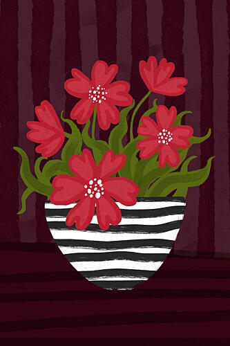 Red Flowers Striped Vase Art Print by EMELIEmaria