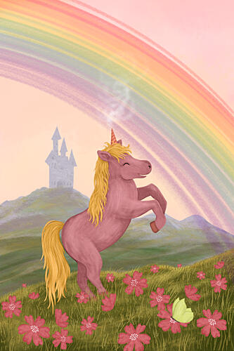 Pink Unicorn Rainbow Castle Art Print by EMELIEmaria