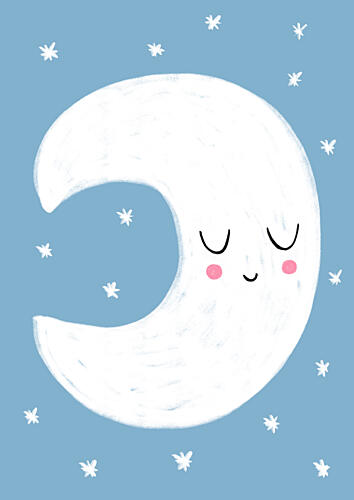 Sleepy Crescent Moon Art Print by Bainai