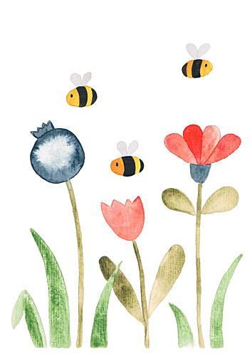 Happy Bees and Blooms Art Print by Bainai