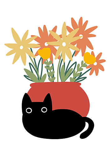 Cute Black Cat Blooms Art Print by Bainai