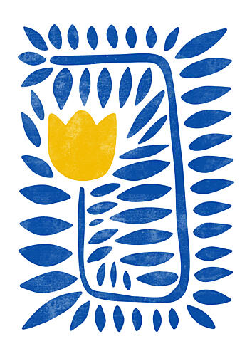 Yellow Bloom Blue Leaves Art Print by Bainai