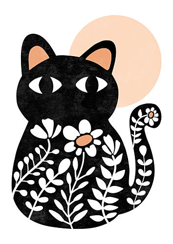 Boho Floral Black Cat Moon Art Print by Bainai