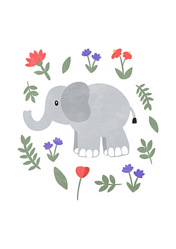 Baby Elephant Blooms Art Print by Bainai