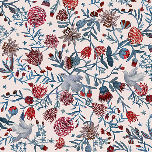 Doves and Folk Flowers Art Print by Paulina Varregn