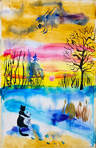 Whimsical Cats Sunset Art Print