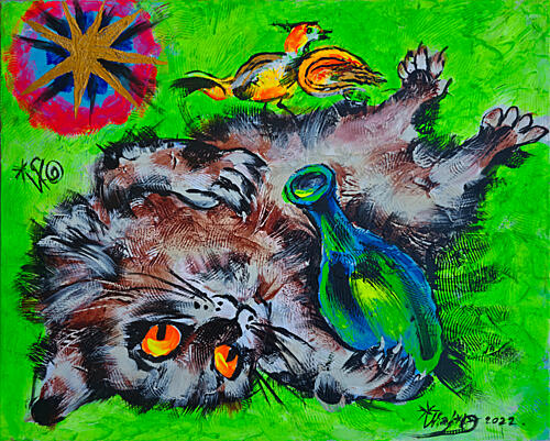 Playful Cat and Bird Art Print