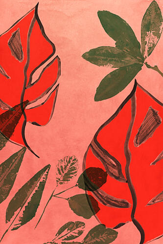 Coral Tropical Leaves Art Print
