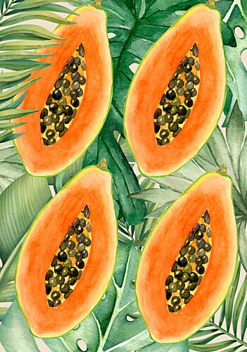 Exotic Papaya and Lush Green Leaves Aesthetic Pattern - Tropical Botanical Watercolor Art Print