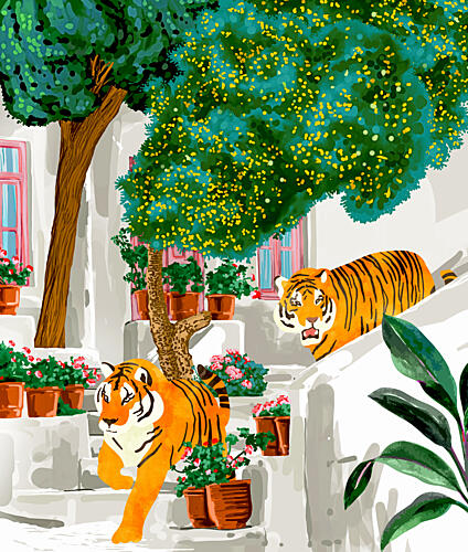 Tigers in a Village Garden Art Print