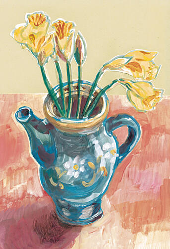 Daffodils in Blue Teapot Art Print
