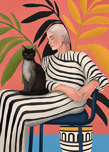 Elegant Woman and Cat Art Print