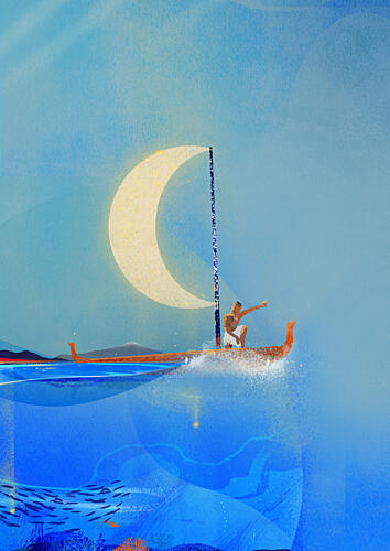 Crescent Moon Sailboat Journey Art Print