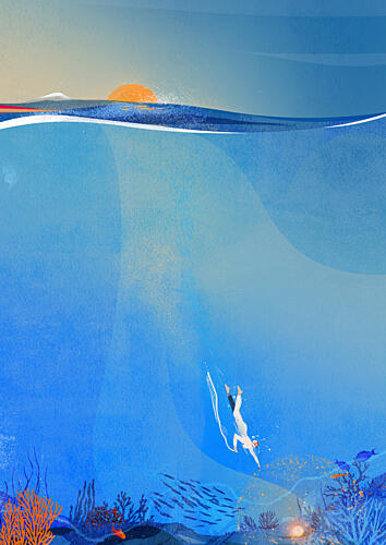 Divers Sunset Ocean Art Print