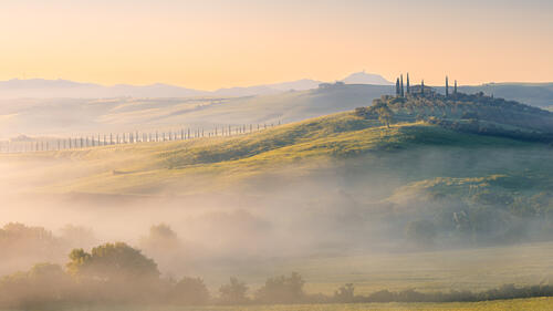 Tuscan Morning Mist Art Print by Hamza Khammassi
