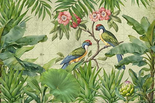 Jungle Parrots Vintage Map Art Print