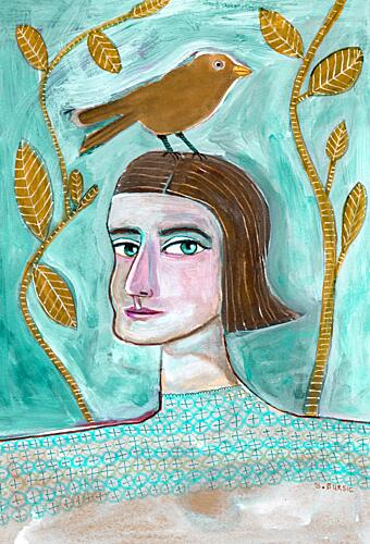Whimsical Woman with Bird Art Print
