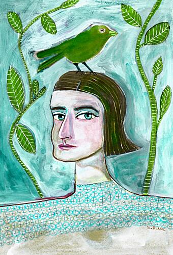 Serene Woman Green Bird Art Print