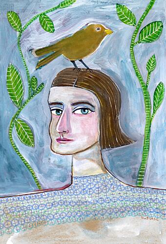 Whimsical Bird on Head Art Print