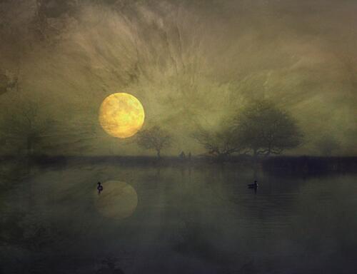 Serene Golden Moon Lake Art Print