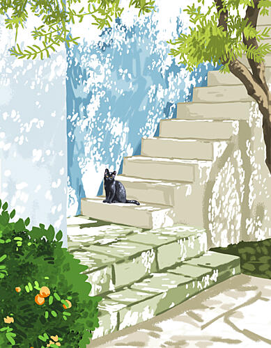 Black Cat Sunny Steps Art Print