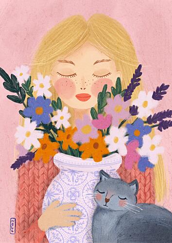 Dreamy Girl Cat Flowers Art Print