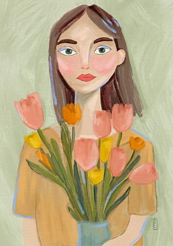 Woman with Spring Tulips Art Print