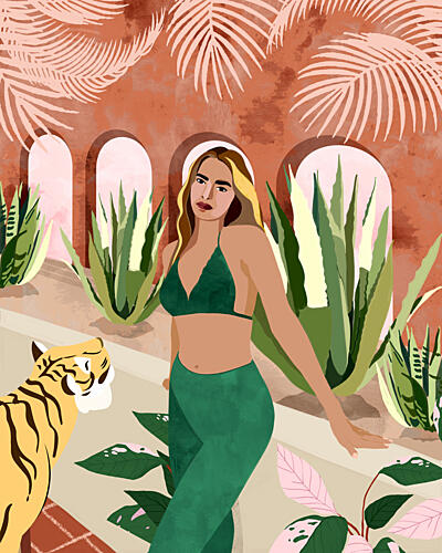Tropical Woman and Tiger Art Print