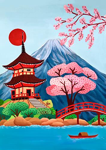 Japanese Pagoda Spring Landscape Art Print