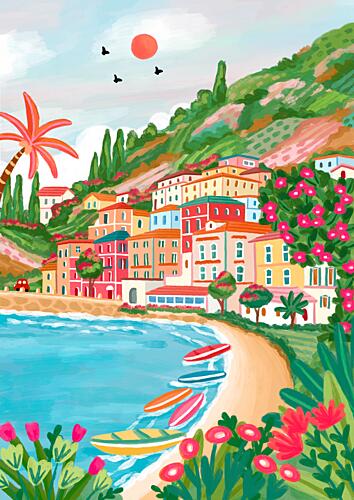 Colorful Coastal Village Art Print by Nidhi Kachhadiya