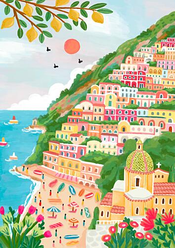 Vibrant Seaside Town Art Print