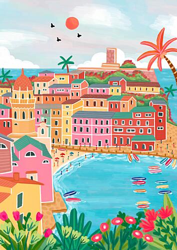 Colorful Coastal Village Art Print by Nidhi Kachhadiya