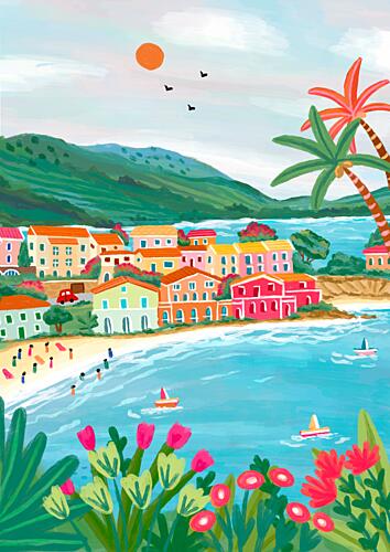 Colorful Coastal Village Art Print by Nidhi Kachhadiya