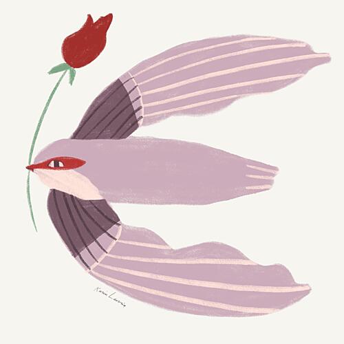 Whimsical Bird with Rose Art Print