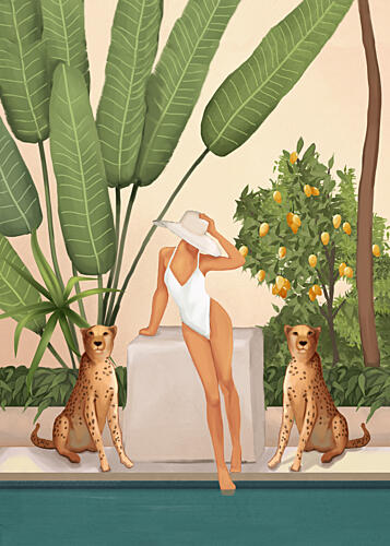 Tropical Woman and Cheetahs Art Print