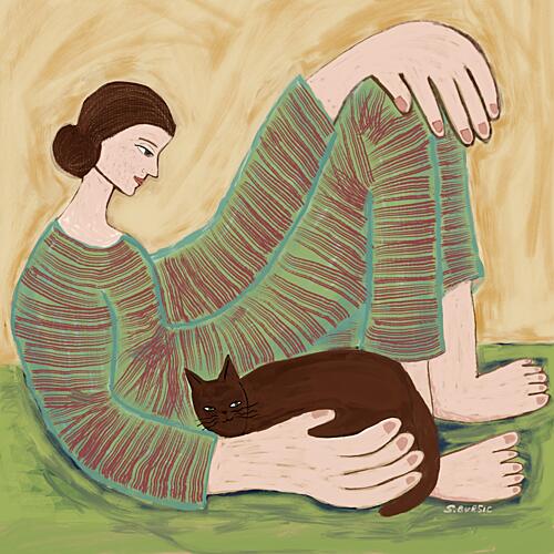 Woman Cuddling Cat Art Print