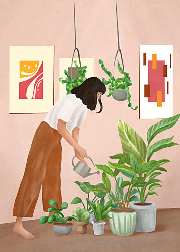 Woman Waters Houseplants Art Print