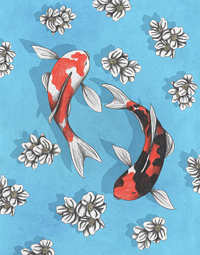 Two Koi Pond Flowers Art Print