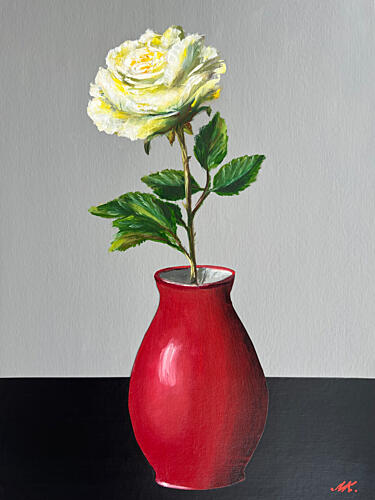 White Rose in Red Vase Art Print