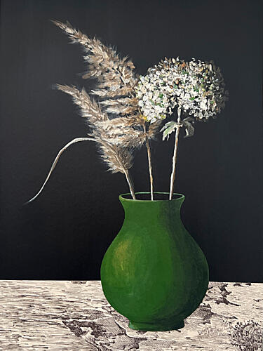 Green Vase Pampas Hydrangea Art Print