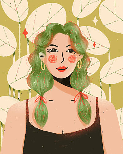 Green Hair Pigtails Portrait Art Print by Zove Ahhh