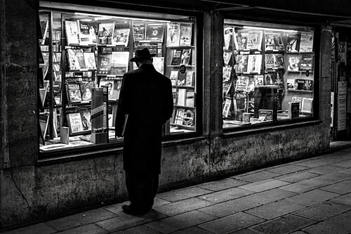 Man at Bookshop Window Art Print by Peter Petzold