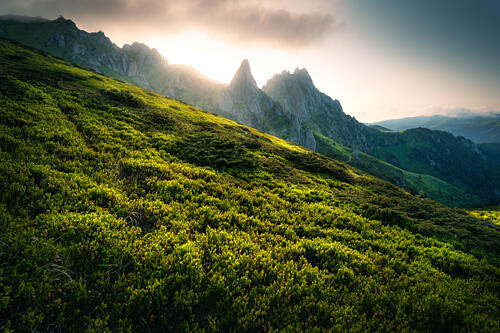 Sunlit Mountain Peaks Art Print