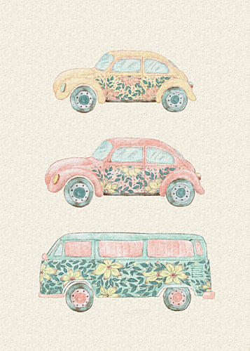 Floral Retro Cars Art Print