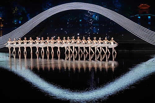 Elegant Ballet Reflections Art Print by Qing Hu