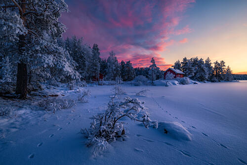 Red Cabin Winter Sunset Art Print