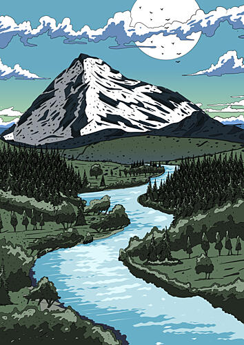 Moonlit Mountain River Valley Art Print