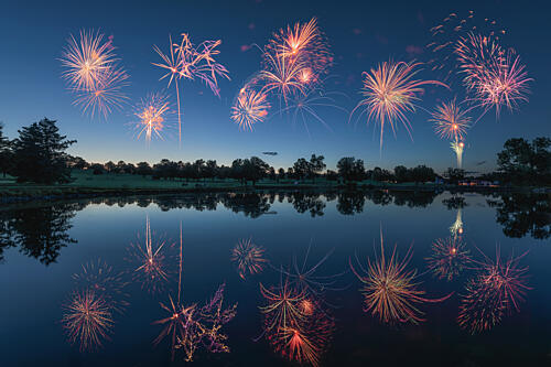 Night Fireworks Reflection Art Print